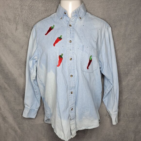 Jerzees Denim Button-Up Shirt Medium Chili Pepper Rhinestones Bleached Denim - Picture 2 of 5